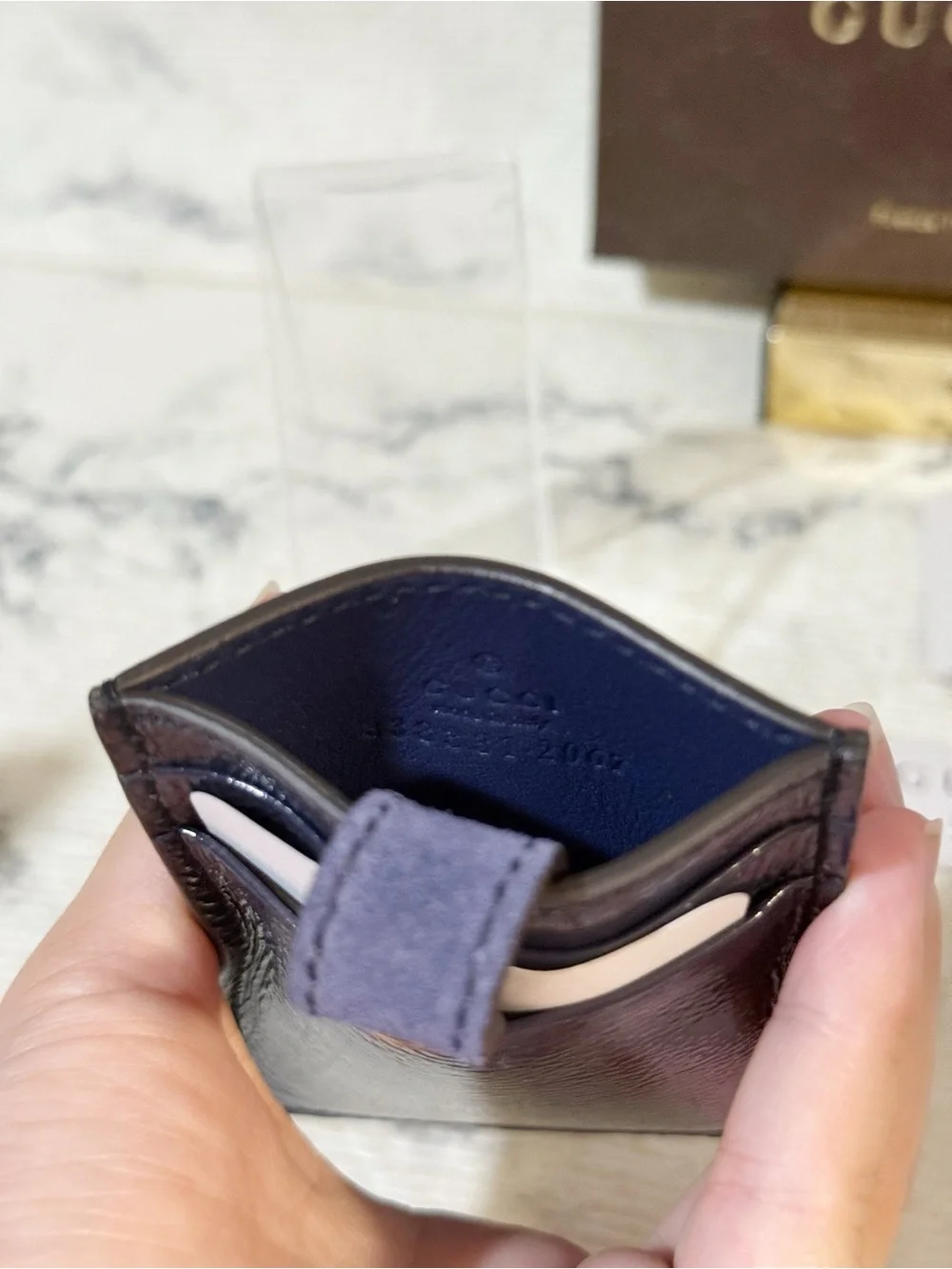 Gucci Soho Patent Leather Card Holder in Deep Navy with Snap